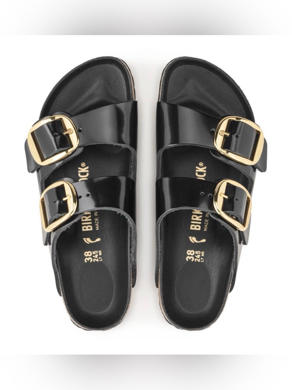 Birkenstock Arizona Big Buckle Natural Leather Patent Black Gold size 10